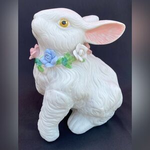 Bunny Rabbit Home Decor Figurine White Ceramic with Floral Necklace